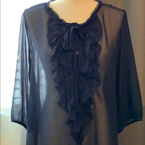 🦋 Sheer, Ruffle Navy Button Down Blouse - Picture 3 of 10